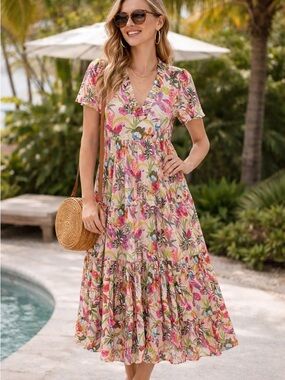 crown & ivy Pink Floral V-Neck Midi Dress